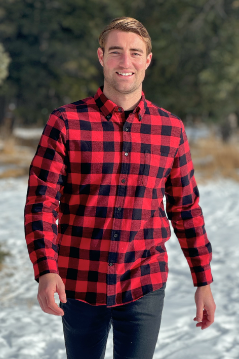 812 Mens Button Down Collar One Pocket Red Black Buffalo Check