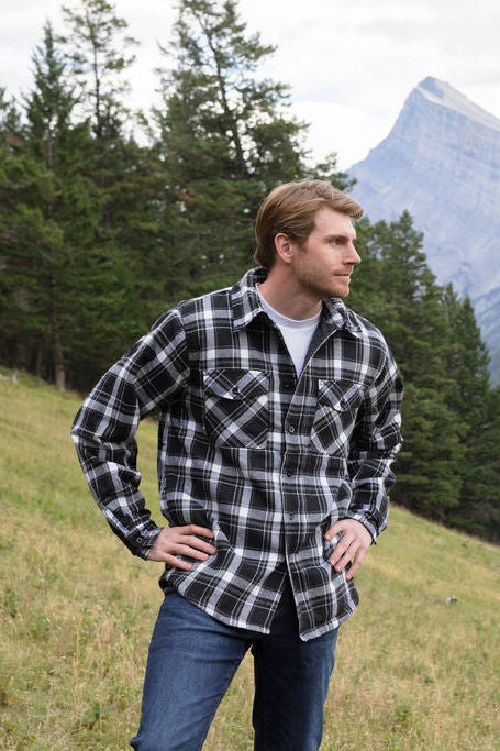 Men's Black / White Plad Padded Flannel Camping Jacket