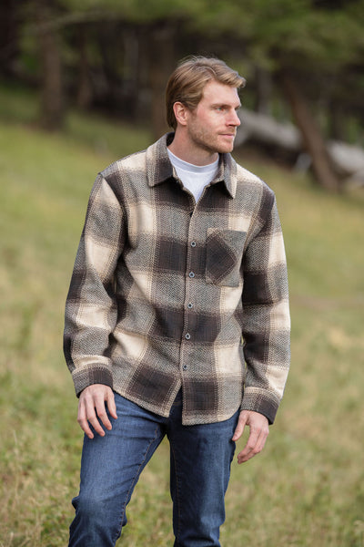 Brown Wool Blend Flannel Shacket with Herringbone Weave