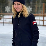 Black full zip fitted Canadian Jacket with Canada flag on left arm.