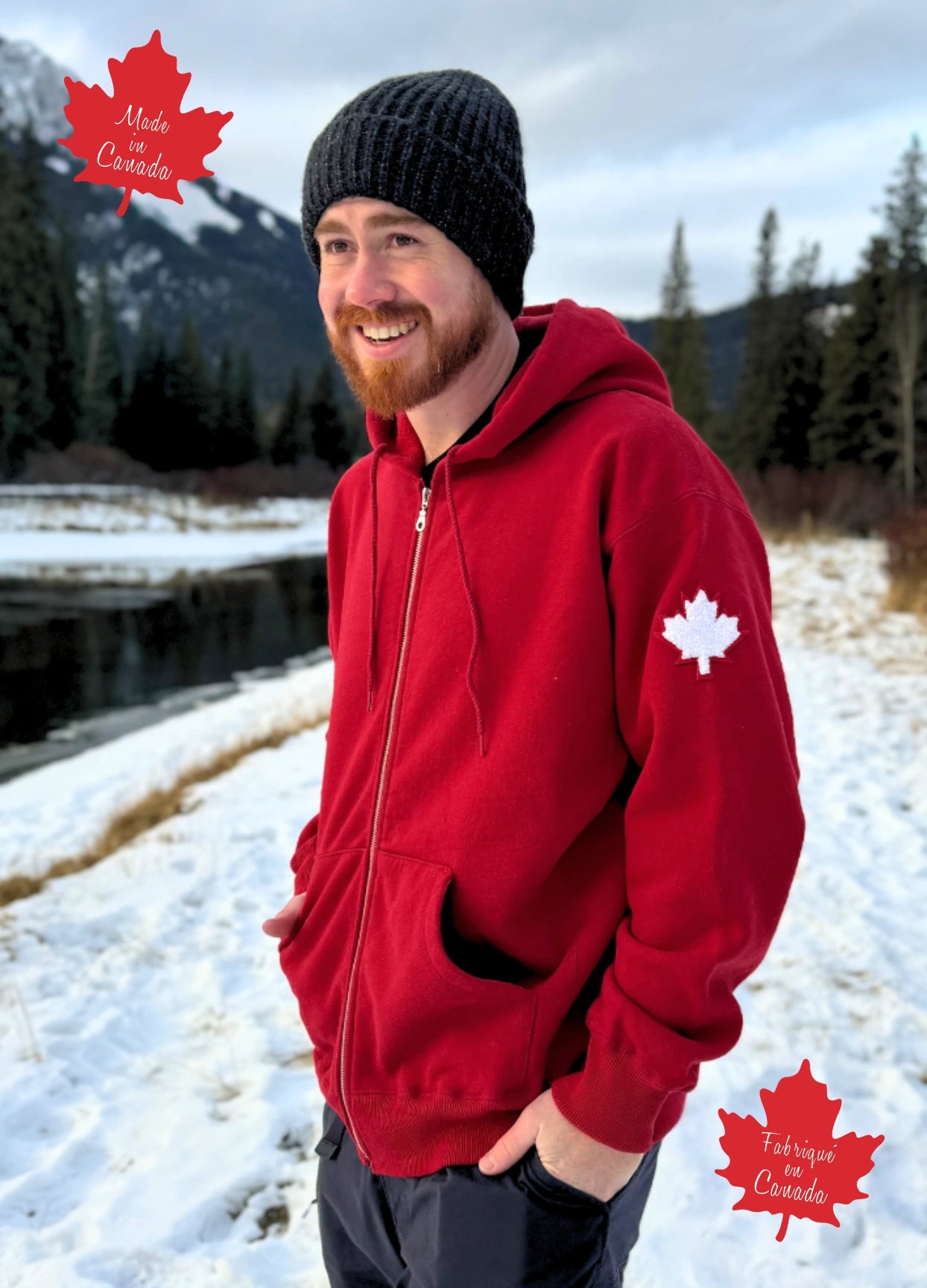 Full Zip red Hoodie with white canada maple leaf logo on left arm.