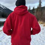 Full Zip red Hoodie with white canada maple leaf logo on left arm.