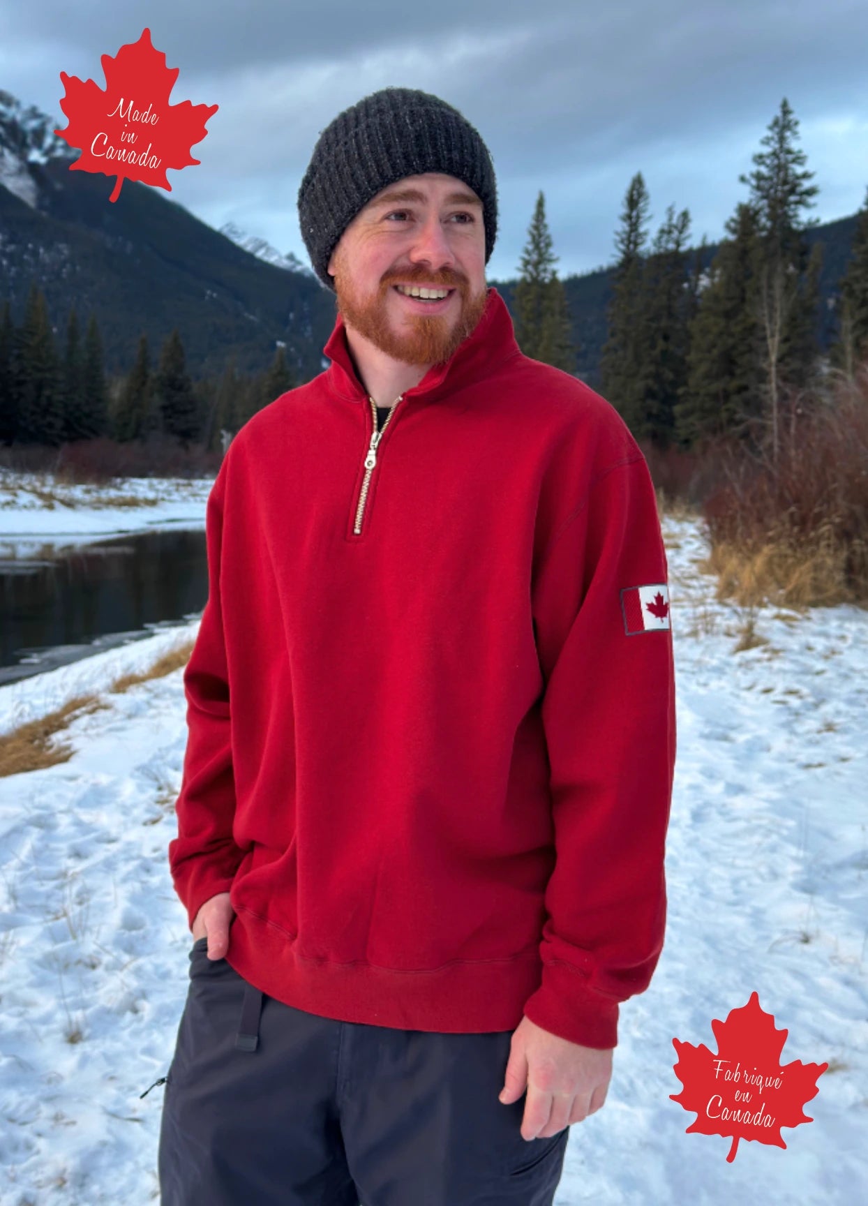 Red quarter zip polo with canada flag logo on left arm.